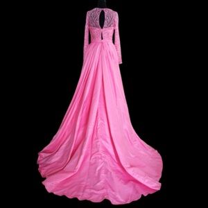 Custom made Pink long sleeve beaded Satin over skirt gown